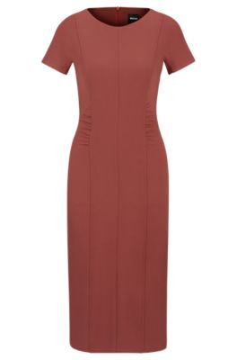Shop Hugo Boss Slit-front Business Dress With Gathered Details In Dark Red