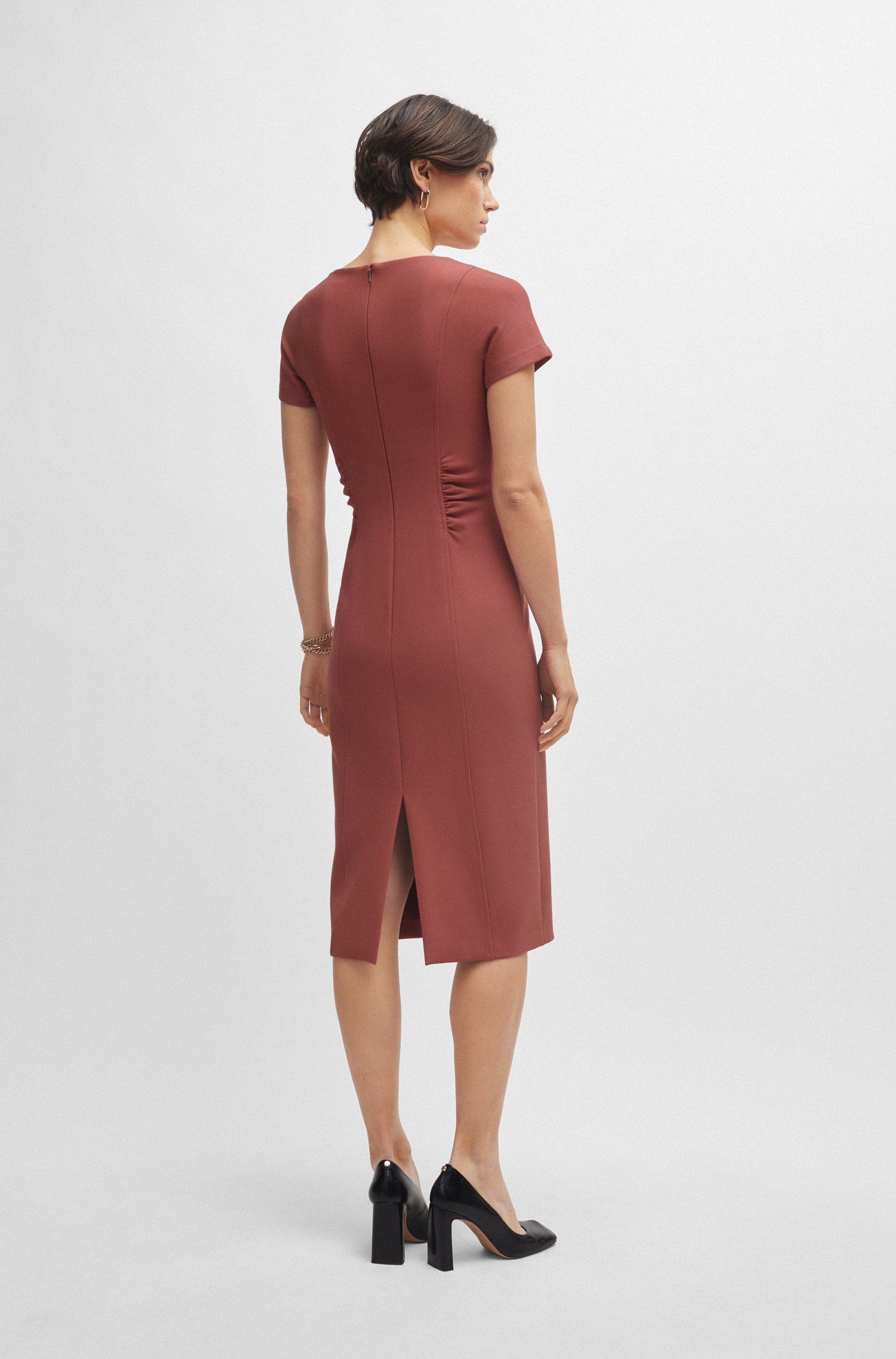 Slit-front business dress with gathered details