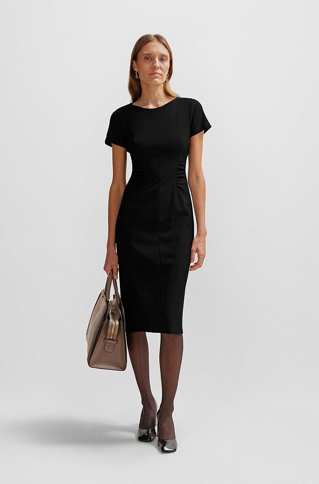 Short-sleeved business dress with gathered details, Black
