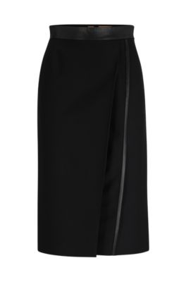 Hugo Boss Pencil Skirt In Wool Twill With Faux-leather Trims In Black