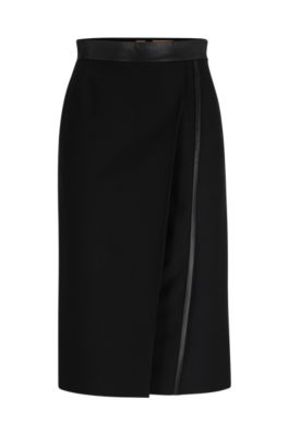BOSS - Pencil skirt in wool twill with faux-leather trims