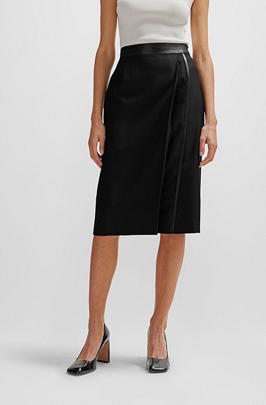 Pencil skirt in wool twill with faux-leather trims, Black