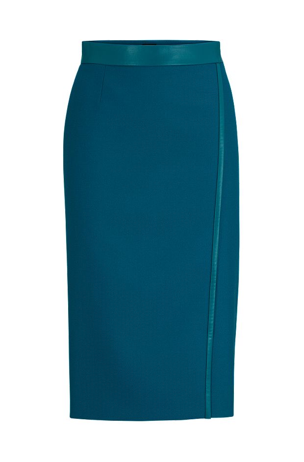 Pencil skirt in wool twill with faux-leather trims, Light Green
