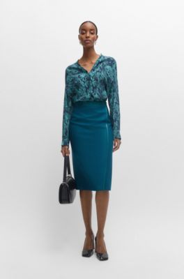 Jupe crayon en twill de laine avec finitions en similicuir, Chaux