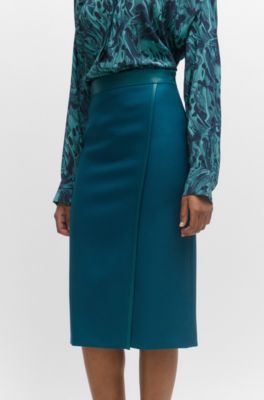 Jupe crayon en twill de laine avec finitions en similicuir, Chaux
