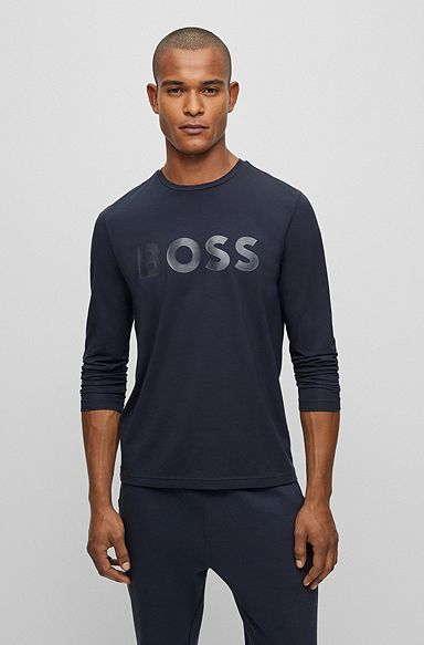 Stretch-cotton T-shirt with mirror-effect logo, Dark Blue