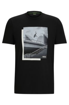 Shop Hugo Boss Photo-print T-shirt In Stretch-cotton Jersey In Black