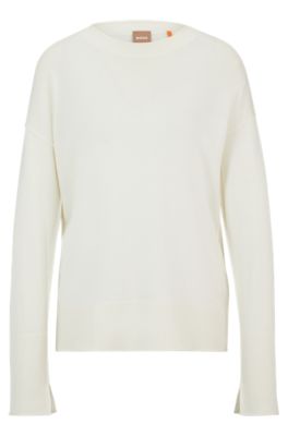 Hugo Boss Crew-neck Sweater With Slit Cuffs In White