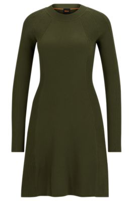 Hugo Boss Slim-fit Long-sleeved Dress With Mixed Structures In Dark Green