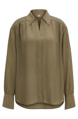 BOSS - Collarless relaxed-fit blouse in stretch silk