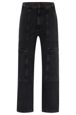 Hugo Loose-fit Jeans In Black Denim With Adjustable Hems In Dark Grey