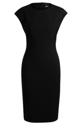 Hugo Boss Slim-fit Dress In Virgin Wool With Cap Sleeves In Black