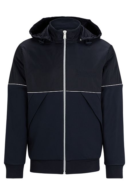 Zip-up hoodie in mixed materials with logo detail, Dark Blue