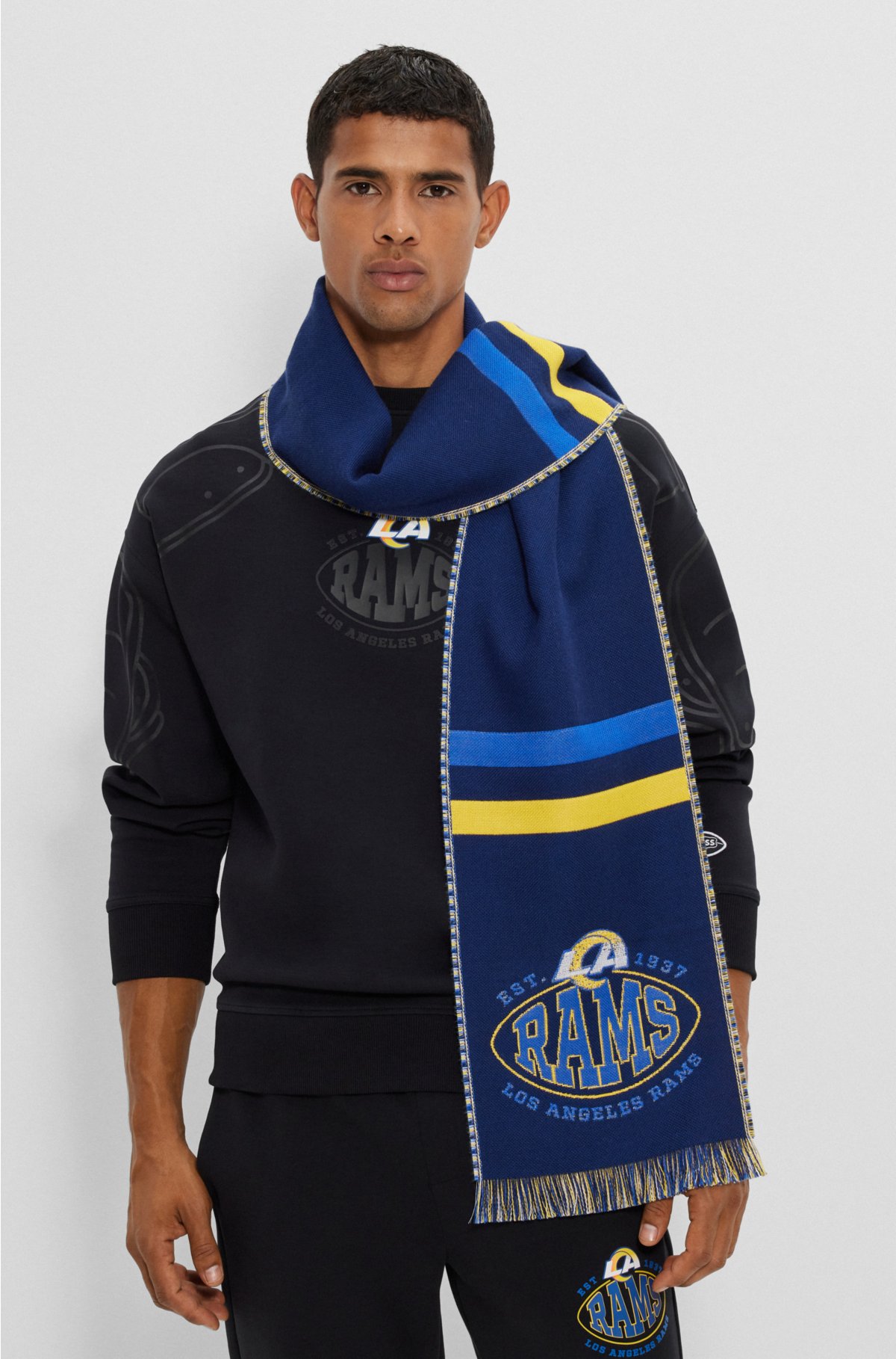 BOSS x NFL logo scarf with LA Rams branding, Rams