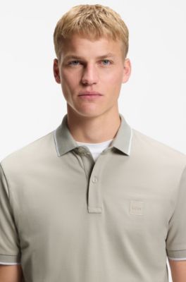 Logo-patch slim-fit polo shirt in stretch cotton, Light Grey