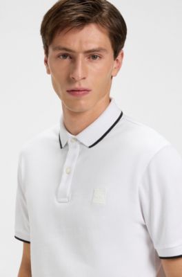 Logo-patch slim-fit polo shirt in stretch cotton, White
