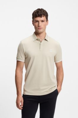Logo-patch slim-fit polo shirt in stretch cotton, Light Beige