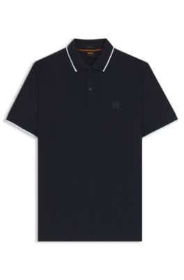 Logo-patch slim-fit polo shirt in stretch cotton, Dark Blue