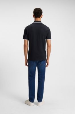 Logo-patch slim-fit polo shirt in stretch cotton, Dark Blue