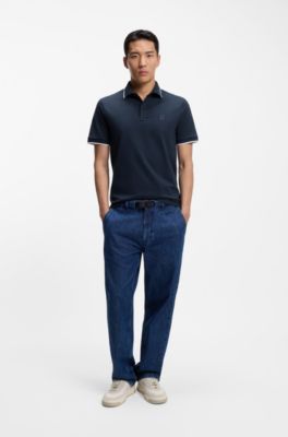 Logo-patch slim-fit polo shirt in stretch cotton, Light Blue