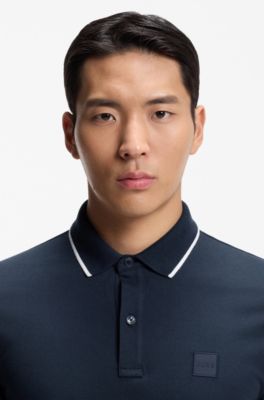 Logo-patch slim-fit polo shirt in stretch cotton, Light Blue