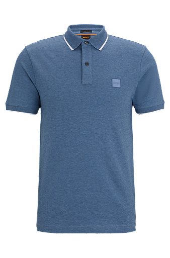 Stretch-cotton slim-fit polo shirt with logo patch, Light Blue