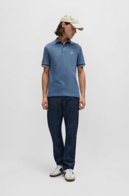 Logo-patch slim-fit polo shirt in stretch cotton, Light Blue