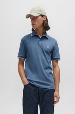 Logo-patch slim-fit polo shirt in stretch cotton, Light Blue