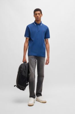Logo-patch slim-fit polo shirt in stretch cotton, Light Blue