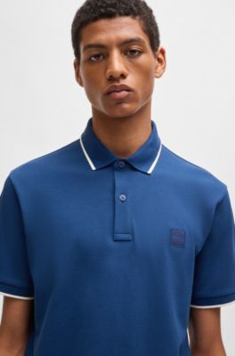 Logo-patch slim-fit polo shirt in stretch cotton, Light Blue
