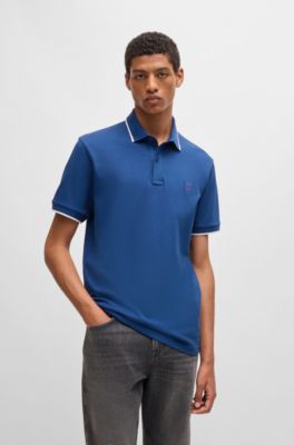 Logo-patch slim-fit polo shirt in stretch cotton, Light Blue