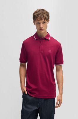 Logo-patch slim-fit polo shirt in stretch cotton, Light Red