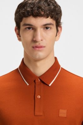 Logo-patch slim-fit polo shirt in stretch cotton, Light Orange