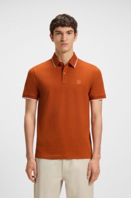 Logo-patch slim-fit polo shirt in stretch cotton, Light Orange