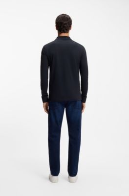 Polo Slim en coton stretch &agrave; patch logo, Bleu fonc&eacute;