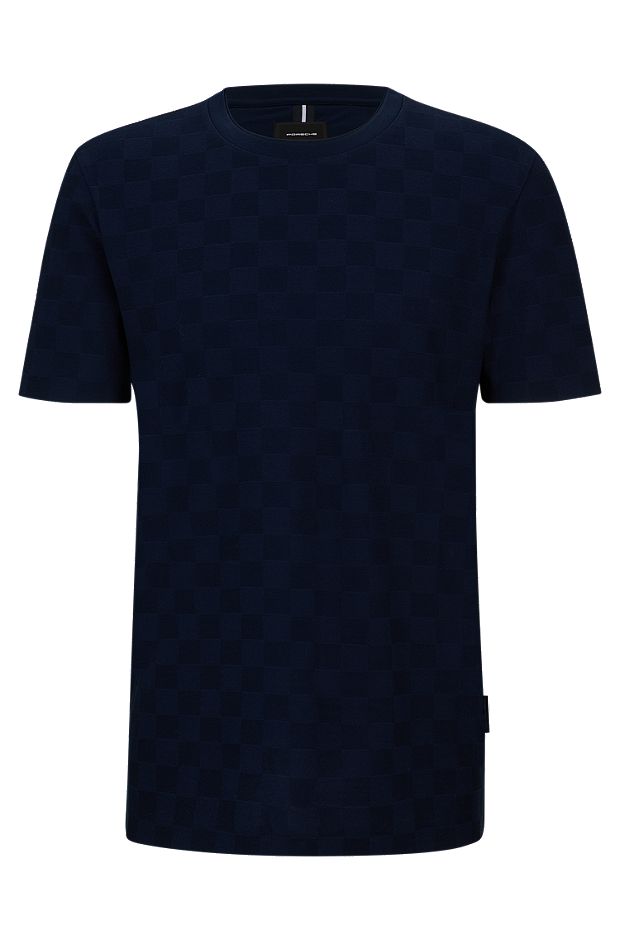 T-shirt Porsche x BOSS en coton mercerisé à carreaux jacquard, Bleu foncé
