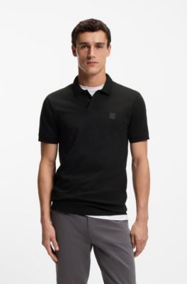 Polo slim fit de algod&oacute;n el&aacute;stico con parche de logo, Negro