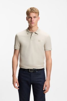 Stretch-cotton slim-fit polo shirt with logo patch, Light Grey