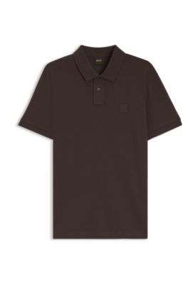 Stretch-cotton slim-fit polo shirt with logo patch, Dark Brown