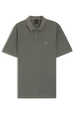Stretch-cotton slim-fit polo shirt with logo patch, Beige