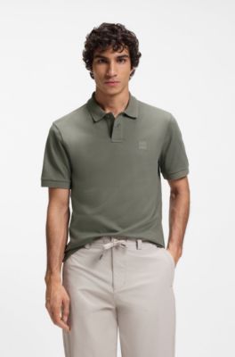 Stretch-cotton slim-fit polo shirt with logo patch, Beige