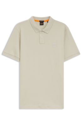Stretch-cotton slim-fit polo shirt with logo patch, Light Beige