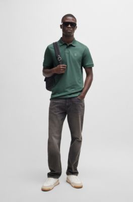 Stretch-cotton slim-fit polo shirt with logo patch, Light Green