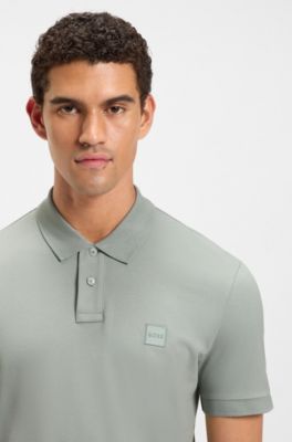 Stretch-cotton slim-fit polo shirt with logo patch, Light Green