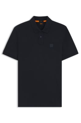 Stretch-cotton slim-fit polo shirt with logo patch, Dark Blue