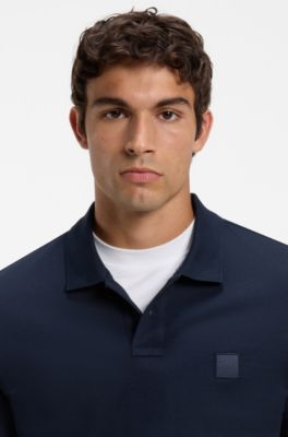 Stretch-cotton slim-fit polo shirt with logo patch, Dark Blue