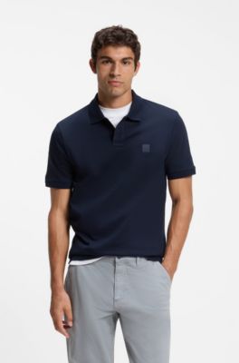 Stretch-cotton slim-fit polo shirt with logo patch, Dark Blue