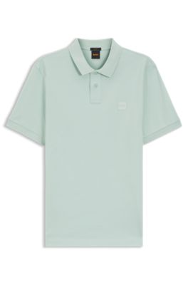 Stretch-cotton slim-fit polo shirt with logo patch, Turquoise