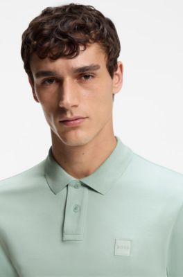 Stretch-cotton slim-fit polo shirt with logo patch, Turquoise