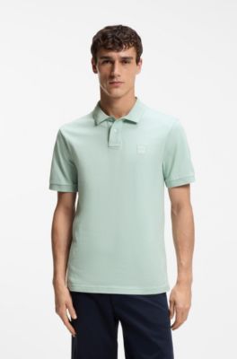 Stretch-cotton slim-fit polo shirt with logo patch, Turquoise